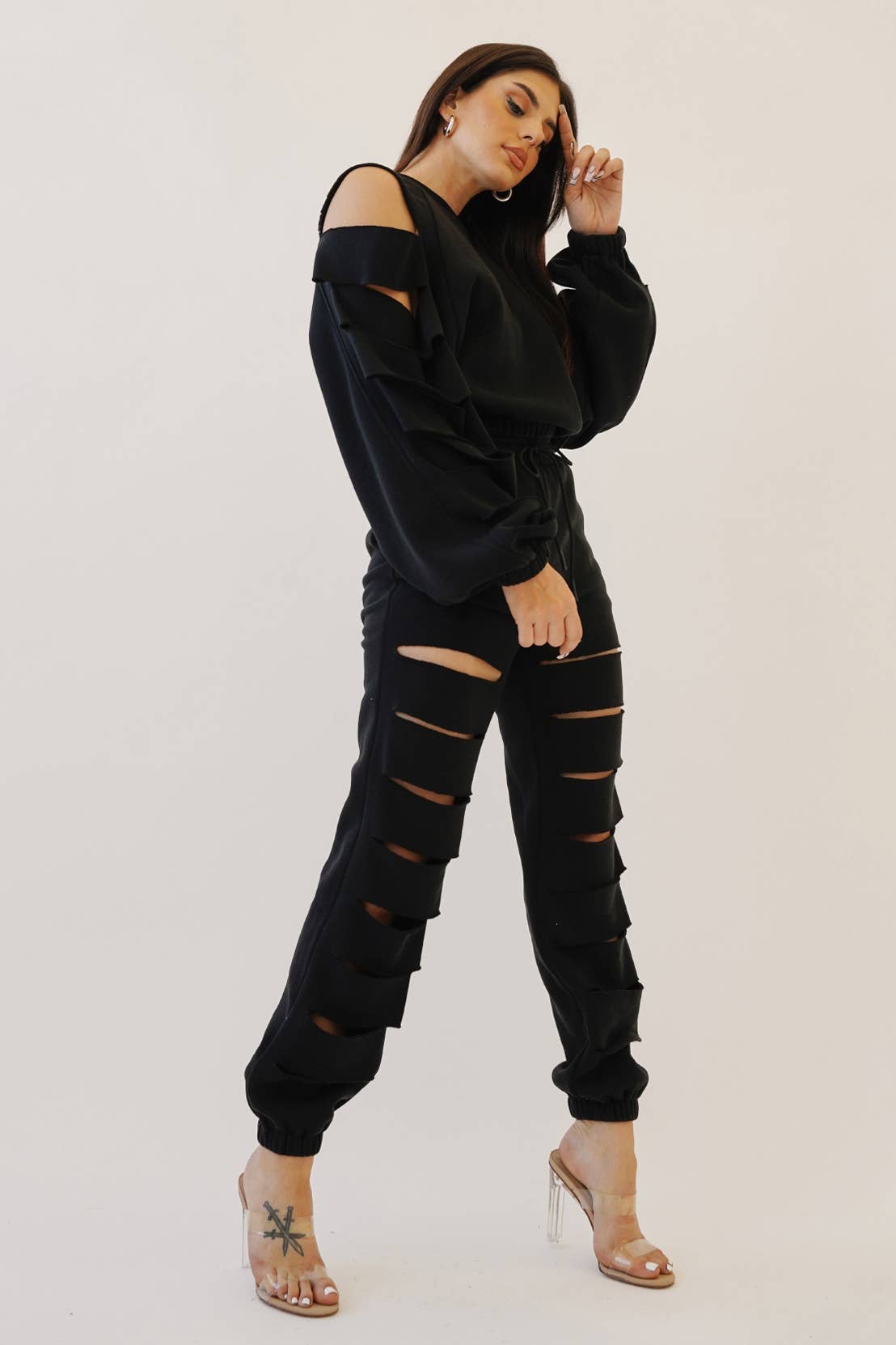 No Vacancy - Cut out legs fleece jogger pants