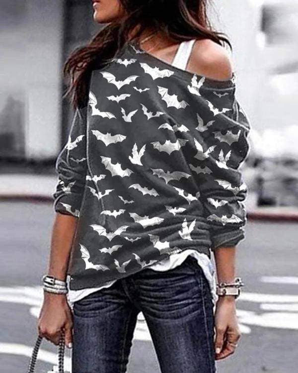 Flarix - One shoulder halloween bat print cozy sweatshirt