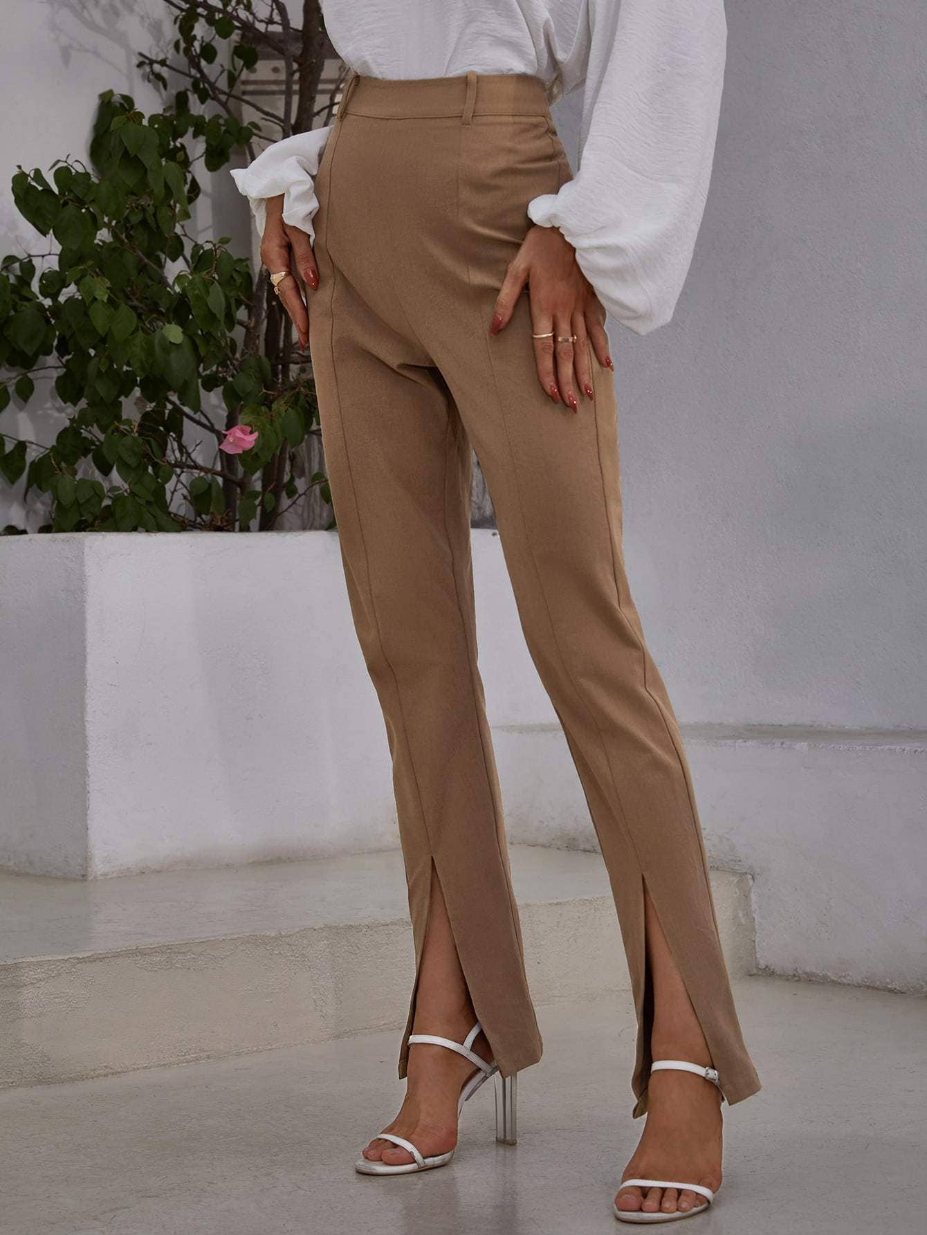 Flarix - Solid split hem high waist pants
