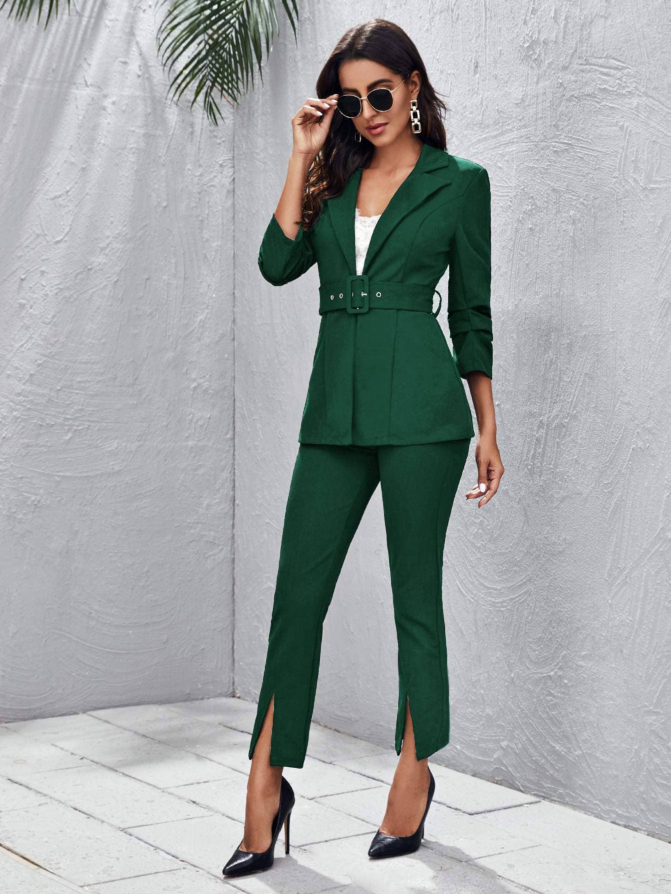 Flarix - Buckle belted blazer and split hem pants set
