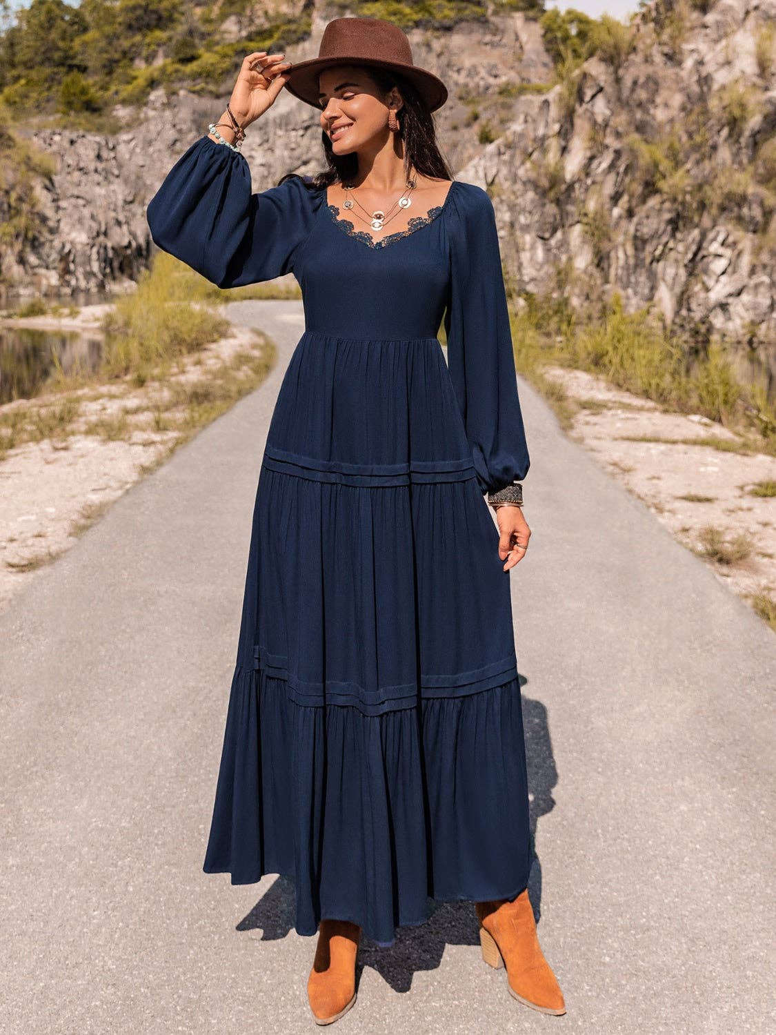 Blak Wardrob - Long Sleeve Lace Trim Maxi Dress