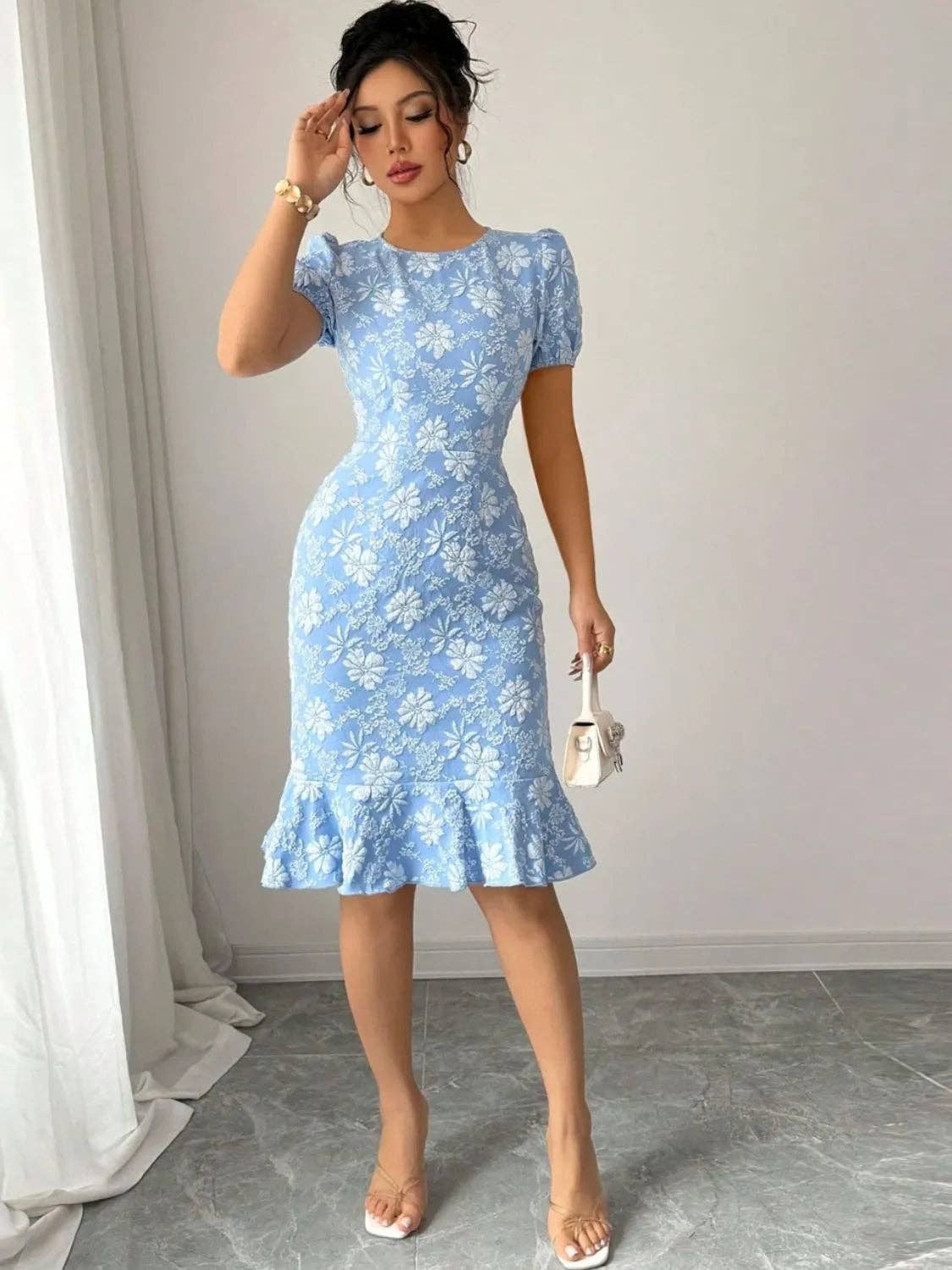 Blak Wardrob - Ruffled Hem Flower Round Neck Short Sleeve Dress