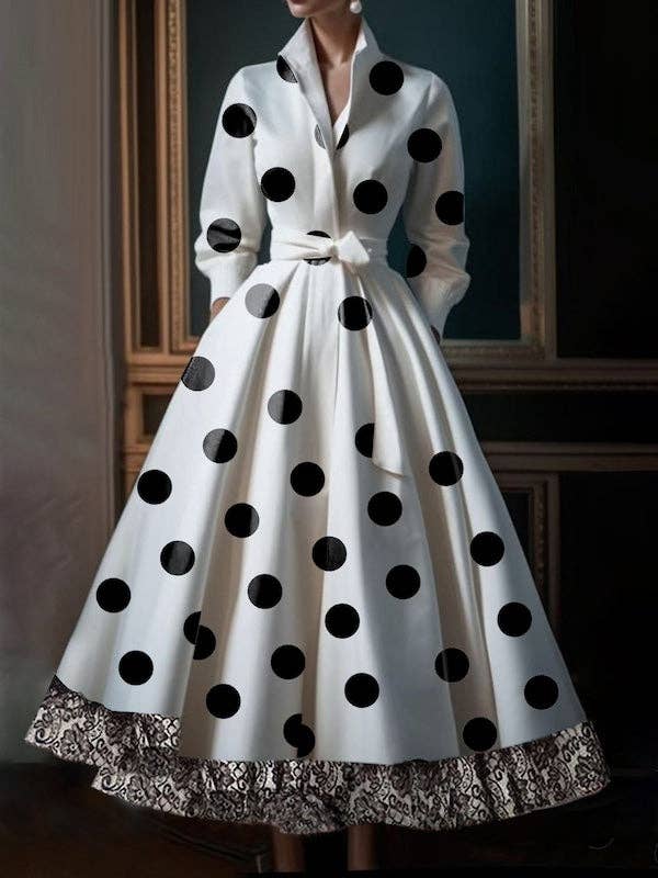 Sheer Trend - A-Line High Waisted Belted Lace-Up Patchwork Pockets Polka Dot Stand Collar Maxi Dresses