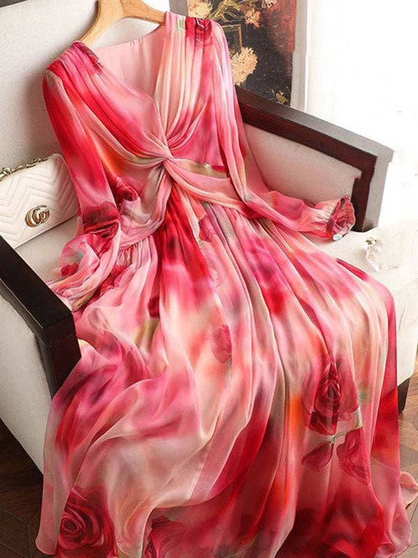 Sheer Trend - A-Line Three-Quarter Sleeves Flower Print Gradient Multi-Colored Pleated V-Neck Maxi Dresses