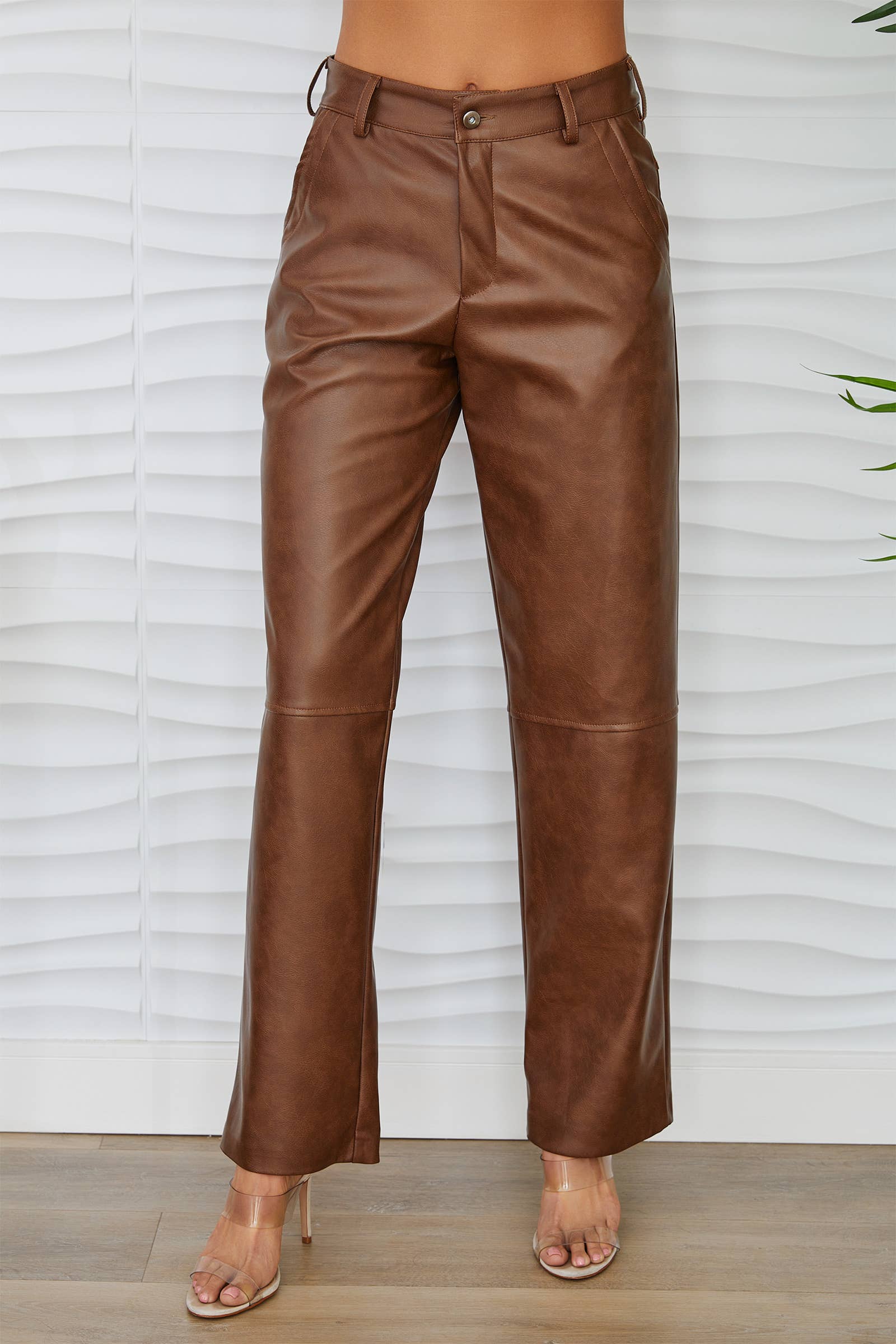 MILIO MILANO - HIGH WAITED FAUX LEATHER STRAIGHT LEG PAN(LD0030-S-L-CAMEL)