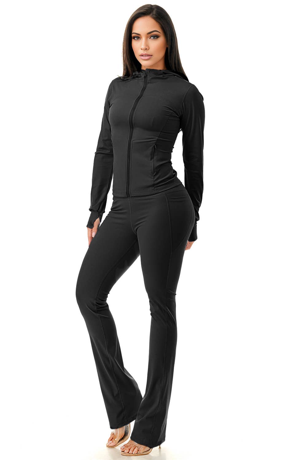 Premium active wear hoodie jacket w/flare pants work out set