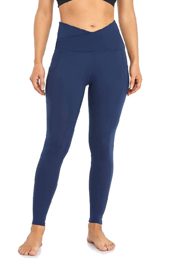 Cross waist band fashion yoga skinny legging pants w/pockets