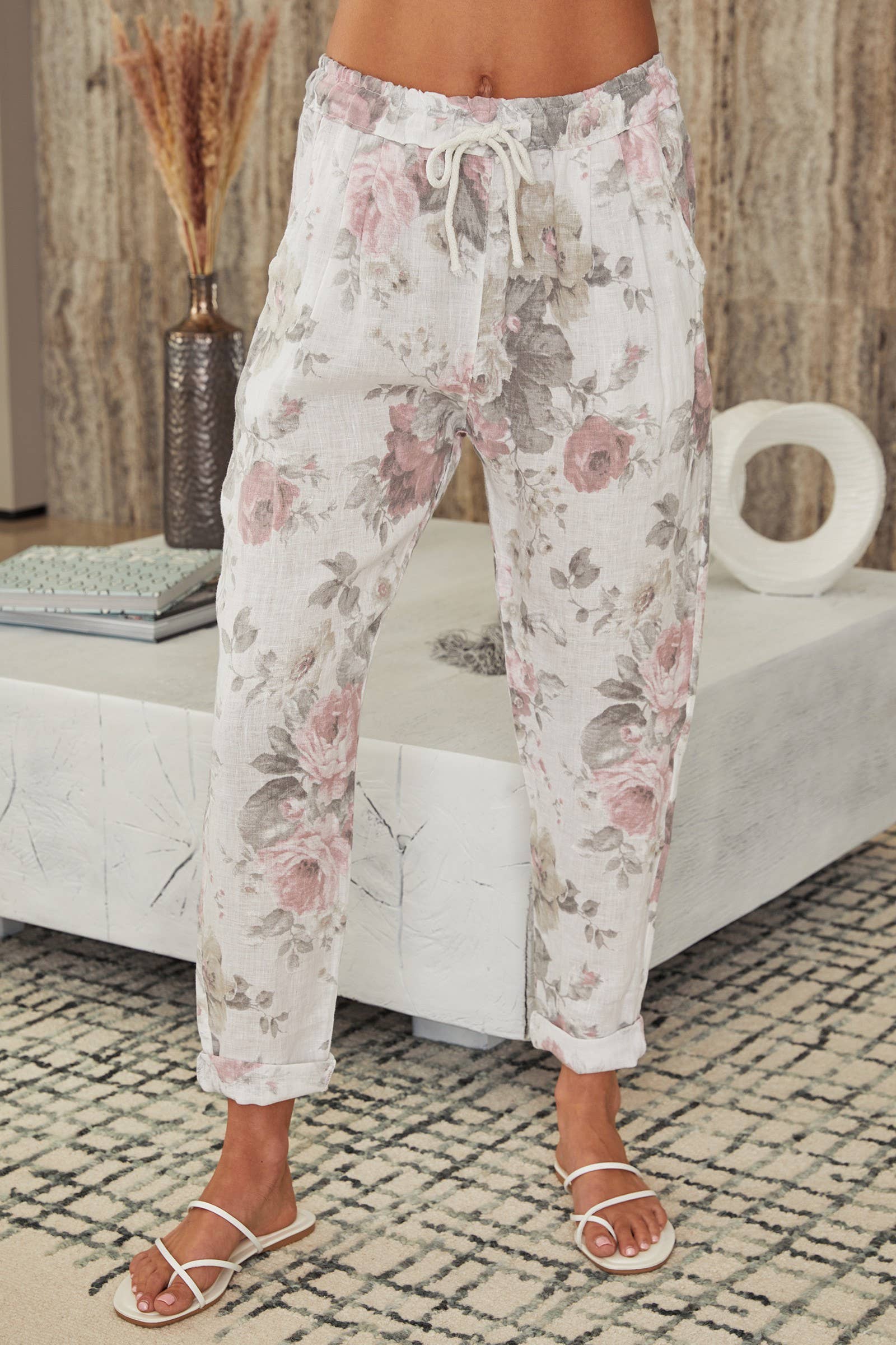 MILIO MILANO - LINEN FLORAL PRINT PANTS (6816-FLORAL-WHITE)