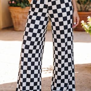 Black 2-Tone Checked Print High Waist Wide Leg Pants