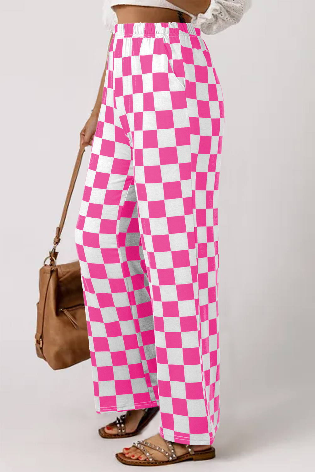 Black 2-Tone Checked Print High Waist Wide Leg Pants - Image 5