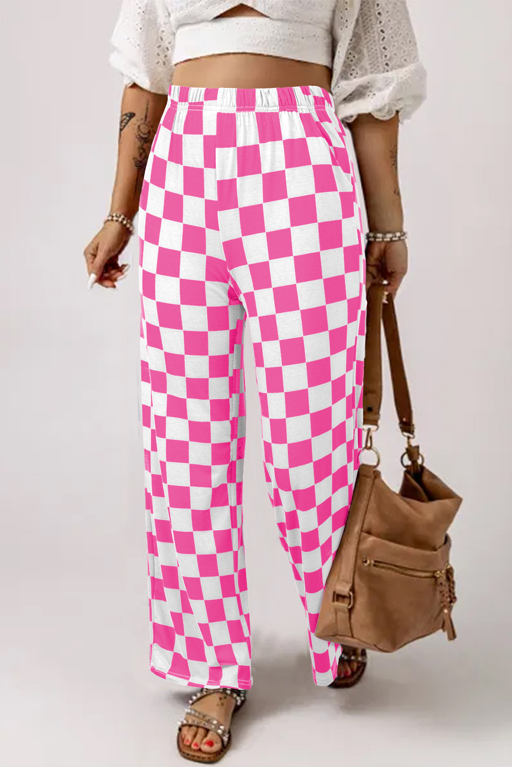 Black 2-Tone Checked Print High Waist Wide Leg Pants - Image 3