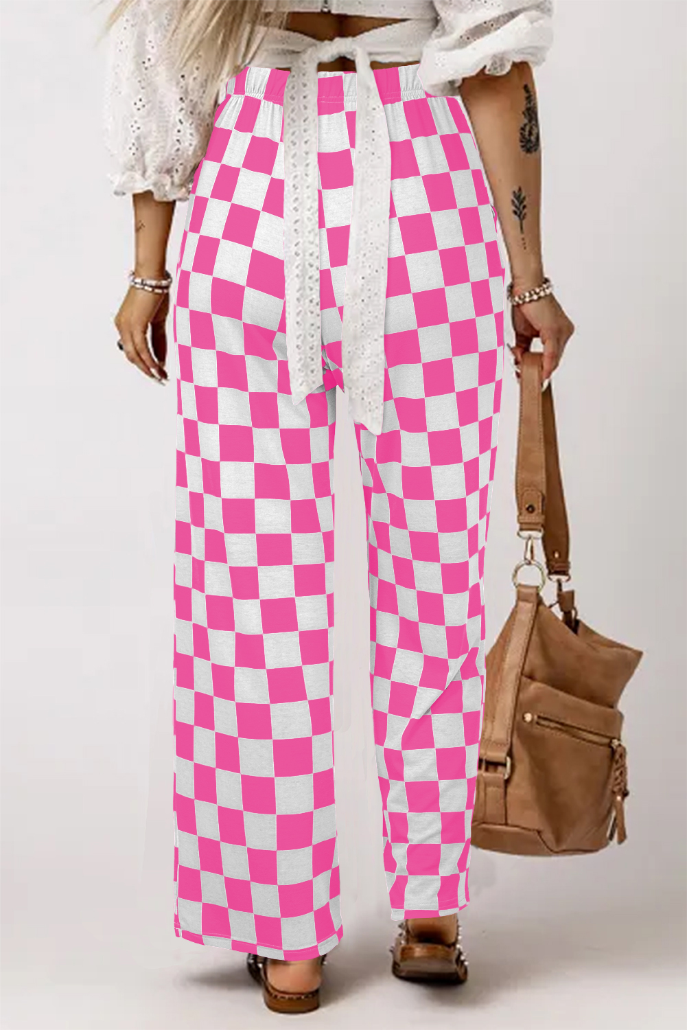 Black 2-Tone Checked Print High Waist Wide Leg Pants - Image 4