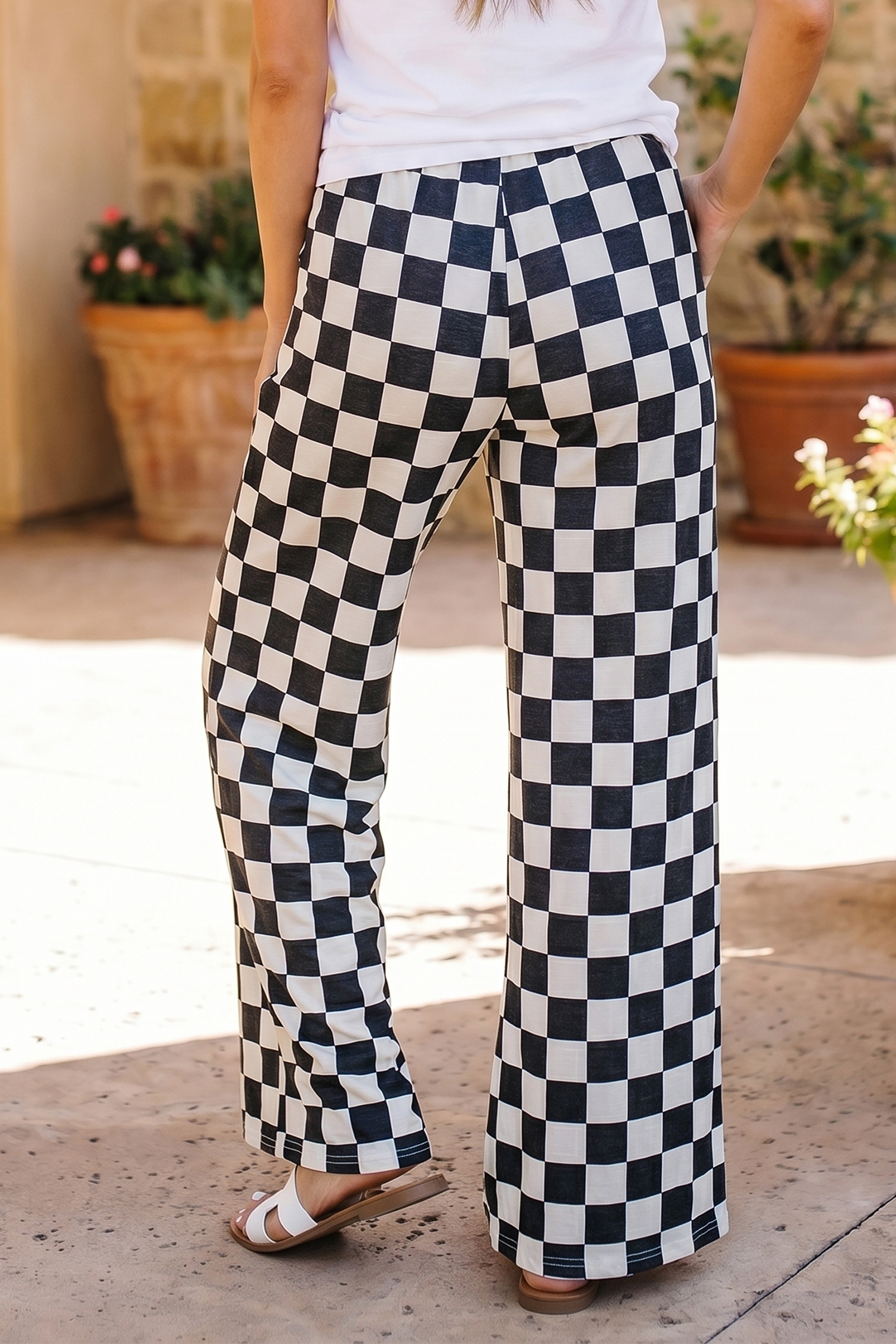 Black 2-Tone Checked Print High Waist Wide Leg Pants - Image 2
